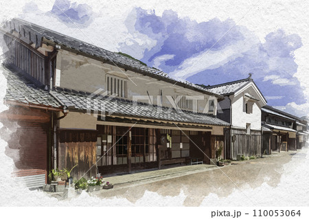 水彩画風　熊川宿　中ノ町の町並み　福井県若狭町 110053064
