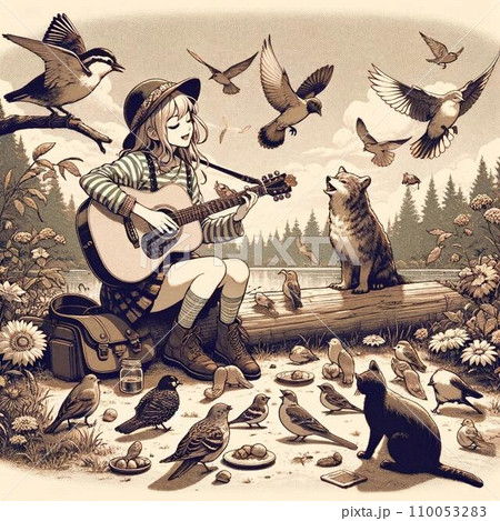 自然の中で動物たちに囲まれながらギターを弾く女性のレトロなイラスト 110053283