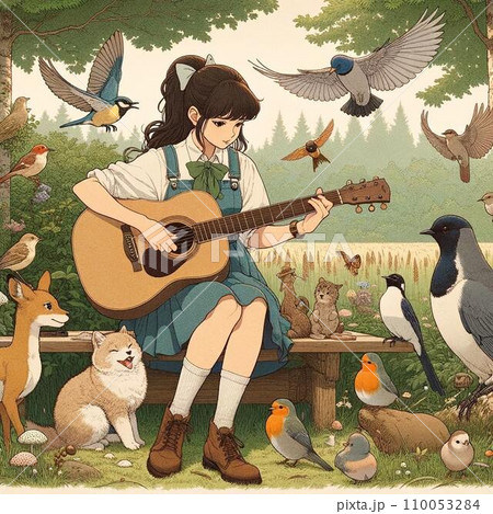 月が輝く木の下でギターを弾く男の人のイ自然の中で動物たちに囲まれながらギターを弾く女性のレトロラスト 110053284