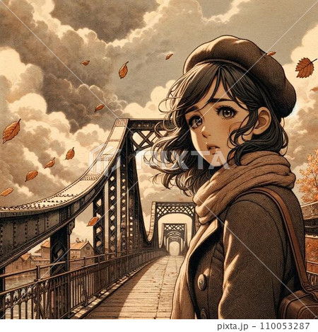 曇天の下、古い鉄橋の上を歩く若い女性。彼女の顔には深い感情が表れており、背景には落ち葉が舞う秋の景色 曇天の下、古い鉄橋の上を歩く若い女性。彼女の顔には深い感情が表れており、背景には落ち葉が舞う秋の景色 110053287