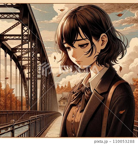 曇天の下、古い鉄橋の上を歩く若い女性。彼女の顔には深い感情が表れており、背景には落ち葉が舞う秋の景色 曇天の下、古い鉄橋の上を歩く若い女性。彼女の顔には深い感情が表れており、背景には落ち葉が舞う秋の景色 110053288