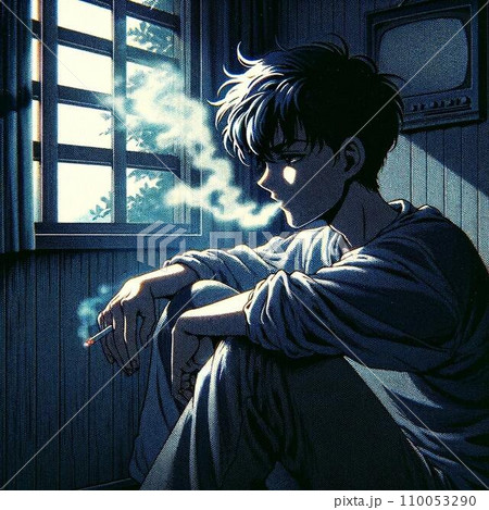 薄暗い部屋の中で、窓際に座りタバコを吸う考え事をしている若者。80年代90年代アニメ風レトロイラスト 110053290