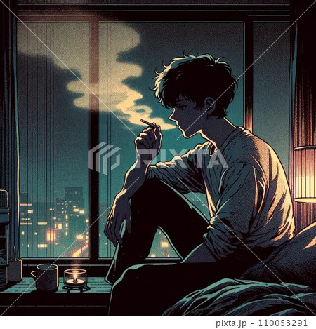 薄暗い部屋の中で、窓際に座りタバコを吸う考え事をしている若者。80年代90年代アニメ風レトロイラスト 110053291