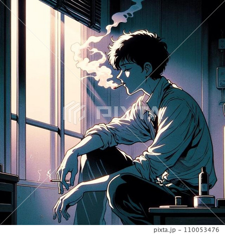薄暗い部屋の中で、窓際に座りタバコを吸う考え事をしている若者。80年代90年代アニメ風レトロイラスト 110053476