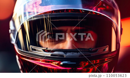 AI-generated content. Close-up of man in helmet, concentrated and motivated racer over blurred background. Winner, champion. Concept of motor sport, racing, competition 110053623