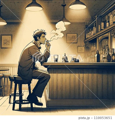静かなバーで、カウンターに腰掛けタバコをくゆらせる中年の男性。 110053651