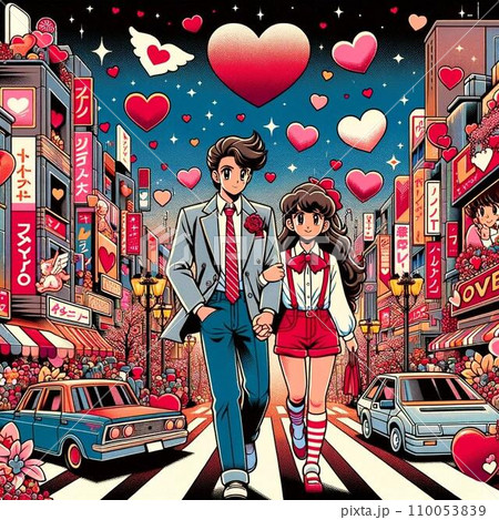 バレンタインデーのヨーロッパ風街並みのレトロイラスト。80年代〜90年代アニメ風 バレンタインデーのヨーロッパ風街並みのレトロイラスト。80年代〜90年代アニメ風 110053839