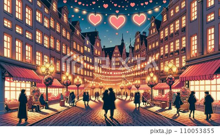 バレンタインデーのヨーロッパ風街並みのレトロイラスト。80年代〜90年代アニメ風 バレンタインデーのヨーロッパ風街並みのレトロイラスト。80年代〜90年代アニメ風 110053855