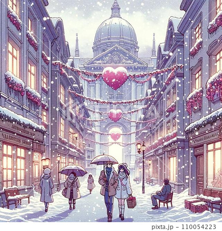 バレンタインデーのヨーロッパ風街並みのレトロイラスト。80年代〜90年代アニメ風 110054223