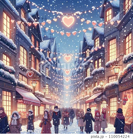 バレンタインデーのヨーロッパ風街並みのレトロイラスト。80年代〜90年代アニメ風 110054224