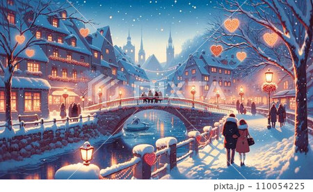 バレンタインデーのヨーロッパ風街並みのレトロイラスト。80年代〜90年代アニメ風 バレンタインデーのヨーロッパ風街並みのレトロイラスト。80年代〜90年代アニメ風 110054225