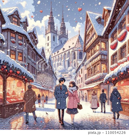 バレンタインデーのヨーロッパ風街並みのレトロイラスト。80年代〜90年代アニメ風 110054226