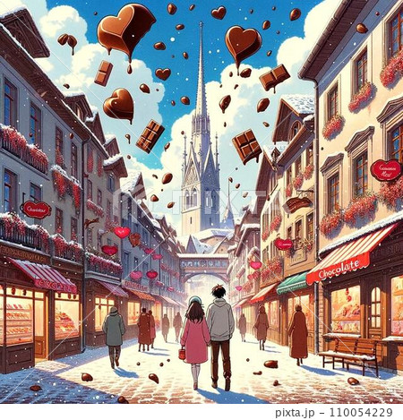 空からチョコレートが降ってくる様子。冬のバレンタインデーのヨーロッパ風レトロイラスト。 110054229