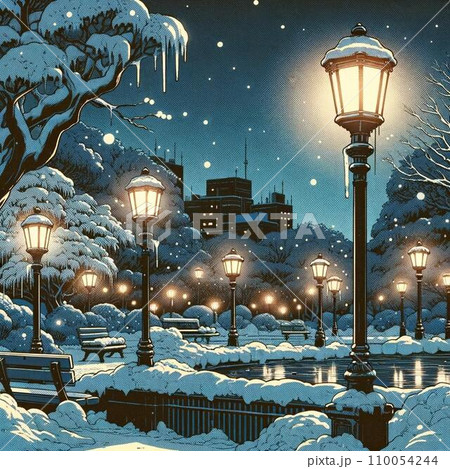 夜の街灯が光る雪の降る人がいない公園。 110054244