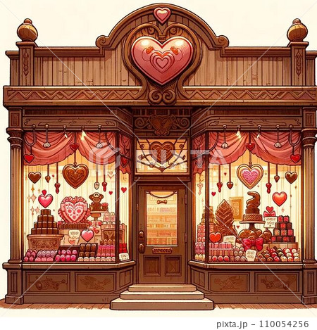 バレンタインのチョコレート店のウィンドウ。レトロ風80年代〜90年大風ヴィンテージイラスト 110054256