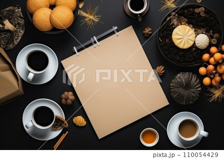 AI-generated content. Top view of gift boxes, cups of coffee and autumn decorations on the black background. Cyber Monday, Black Friday, Christmas sale background with copy space. Online holiday 110054429