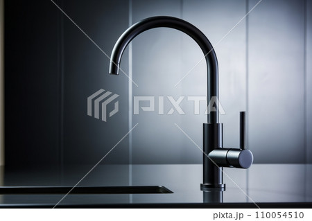 AI-generated content. Close-up of modern black matte kitchen faucet, black acrylic stone countertop, stainless steel built-in sink against the background of black wall with spot lighting. Copy space. 110054510