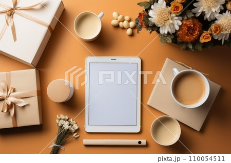 AI-generated content. Top view of tablet, gift boxes, flowers and cups of coffee on yellow background. Cyber Monday, Black Friday, Christmas sale background with copy space. Online holiday shopping 110054511