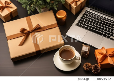AI-generated content. Top view of laptop, gift boxes, decorations and cup of coffee on brown background. Cyber Monday, Black Friday, Christmas sale background with copy space. Online holiday shopping 110054512
