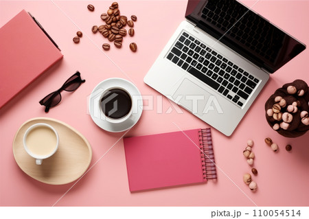 AI-generated content. Top view of laptop, notepad, gift box, cups of coffee and decorations on pink background. Cyber Monday, Black Friday, Christmas sale background with copy space. Online holiday 110054514