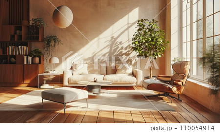 AI-generated content. Interior of spacious minimalist living room in a modern luxury apartment. Grey wall, hardwood floor, beige upholstered furniture, coffee table, indoor plants, large panoramic 110054914