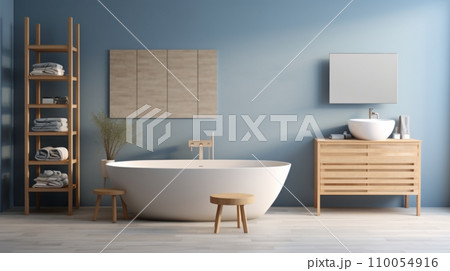 AI-generated content. Modern minimalist bathroom interior with wooden furniture. Light blue wall, hanging cabinet with top sink, freestanding bathtub, shelving with towels and bathroom accessories. 110054916