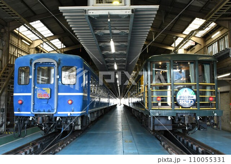 車両基地で並ぶ12系客車と14系のサロンカーなにわ 車両基地で並ぶ12系客車と14系のサロンカーなにわ 110055331