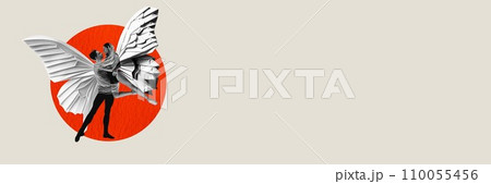 Butterfly of love. Young passionate man and woman connected with string, hugging over light background. Contemporary art collage. 110055456