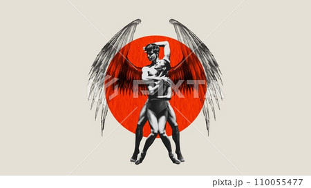 Protection and domination. Young man with feather huffing tender woman over light background. Contemporary art collage. Protection and domination. Young man with feather huffing tender woman over light background. Contemporary art collage. 110055477