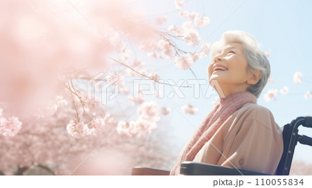 車いすで桜を見るおばあさん 車いすで桜を見るおばあさん 110055834