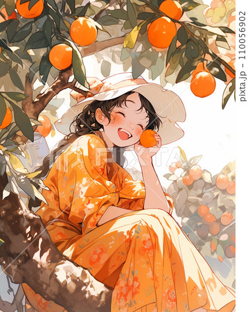 オレンジを持って笑う素朴な女性　/AI生成 110056902