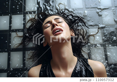 Young european woman having orgasm. Woman with open mouth and closed eyes enjoying sex lying on wet tiled floor in a shower, screaming in passion. Sexual experience, masturbation, cunnilingus. Young european woman having orgasm. Woman with open mouth and closed eyes enjoying sex lying on wet tiled floor in a shower, screaming in passion. Sexual experience, masturbation, cunnilingus. 110057312