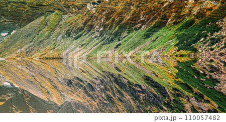 Tatra National Park, Poland. Calm Lake Czarny Staw under Rysy And Summer Mountains Landscape. Beautiful Nature, Scenic View Of Five Lakes Valley. UNESCO World Heritage Site 110057482
