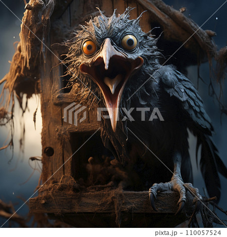 Crazy scary funny cuckoo bird climbed out of an antique clock and opened its beak, cartoon illustration Crazy scary funny cuckoo bird climbed out of an antique clock and opened its beak, cartoon illustration 110057524