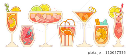 Cocktail refreshing drinks set. Vector flat illustration with gradient and outline 110057556