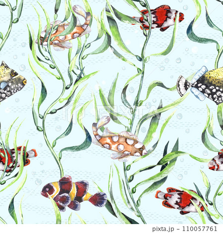 Watercolor different fishes in the seaweeds. Underwater life. Blue background 110057761