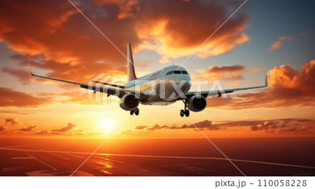 Passenger plane. Plane is going up. Nice weather sunset in the background 110058228