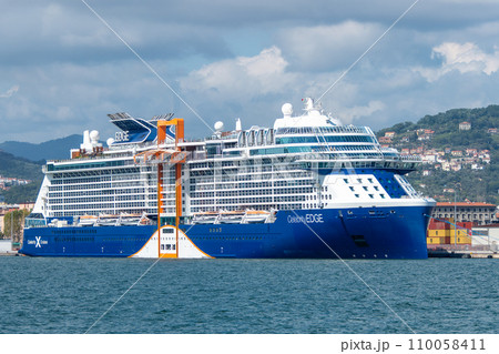 Italy, La Spezia, Celebrity Edge cruise ship in industrial port. Italy, La Spezia, Celebrity Edge cruise ship in industrial port. 110058411