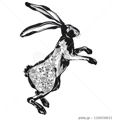 Hand drawn hare with flowers in the body. Retro realistic animal isolated. Vintage style. Doodle line graphic design. 110058631