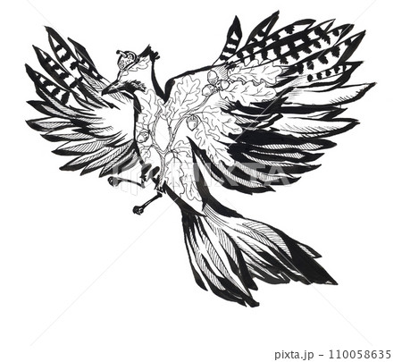 Bird with stretched wings and line art oak twigs in body. Bird in flight silhouette isolated on white. Bird with stretched wings and line art oak twigs in body. Bird in flight silhouette isolated on white. 110058635