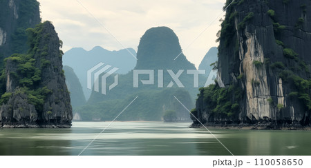 beautiful view of the sea bay with karst limestone islets and cliffs on a cloudy day 110058650