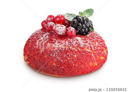 Cake shu eclairs with berries and red crumble isolated on white background Cake shu eclairs with berries and red crumble isolated on white background 110058932