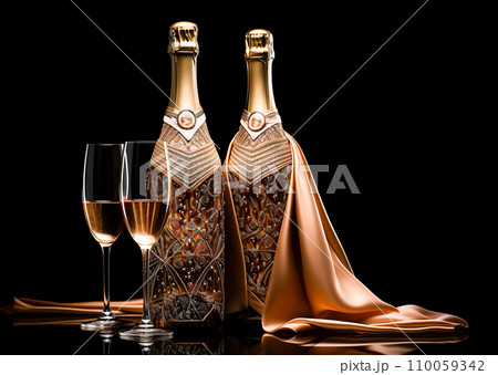 AI-generated content. a crystal bottle with a royal peach-colored cape and glasses 110059342