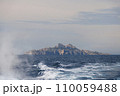 View from the stern of a tourist ship to the island and the wake of the propeller. 110059488