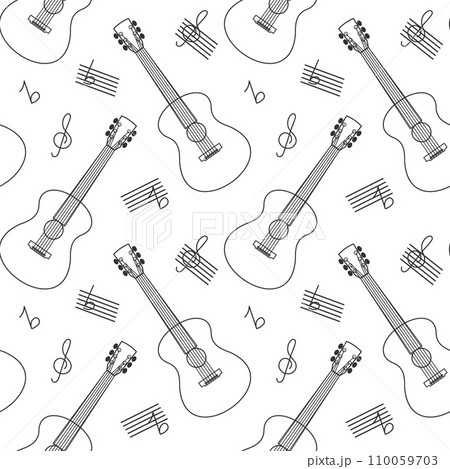 Musical seamless pattern from acoustic guitars, treble clef and music notes. Sketch, background, vector 110059703