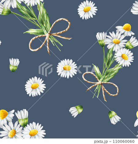 Watercolor seamless pattern with white daisy flowers illustration isolated on white background. Chamomile. Detail of beauty products and botany set, cosmetology and medicine. For designers, spa Watercolor seamless pattern with white daisy flowers illustration isolated on white background. Chamomile. Detail of beauty products and botany set, cosmetology and medicine. For designers, spa 110060060