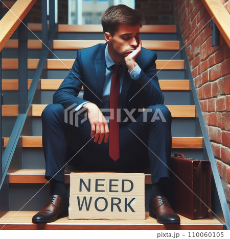 Man in suit sitting at stairs with sign. Unemployed man looking for job 110060105