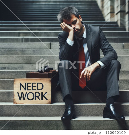 Man in suit sitting at stairs with sign. Unemployed man looking for job Man in suit sitting at stairs with sign. Unemployed man looking for job 110060109