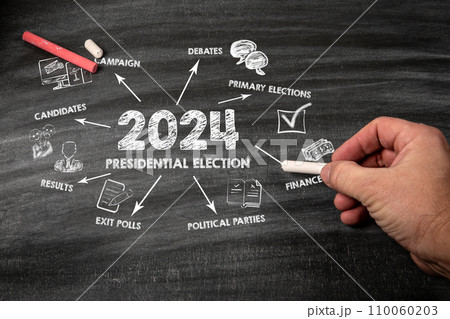 2024 Presidential Election Concept. Black scratched textured chalkboard background 2024 Presidential Election Concept. Black scratched textured chalkboard background 110060203