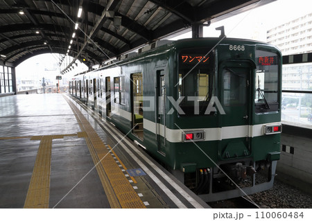 大師前駅に停車中の東武大師線8000系(緑色:草だんご列車) 大師前駅に停車中の東武大師線8000系(緑色:草だんご列車) 110060484